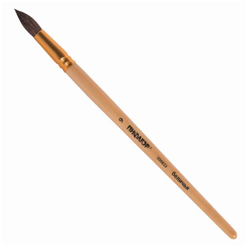 Кисть пифагор, белка, круглая, № 9, деревянная лакированная ручка, с колпачком, пакет с подвесом, 200823 - 1 шт.