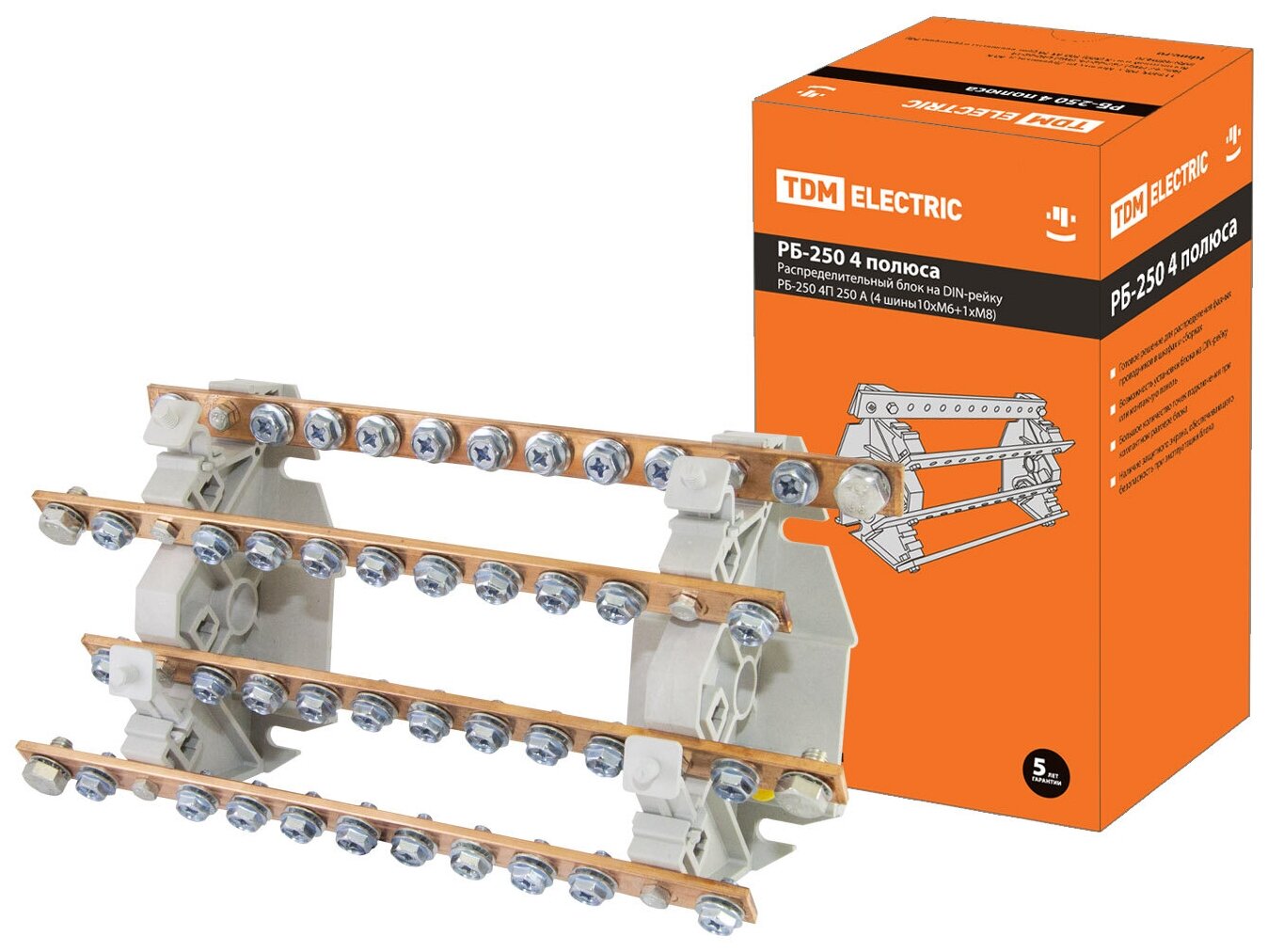 Распределительный блок на DIN-рейку РБ-250 4П 250А (4 шины 10xM6+1хM8) TDM