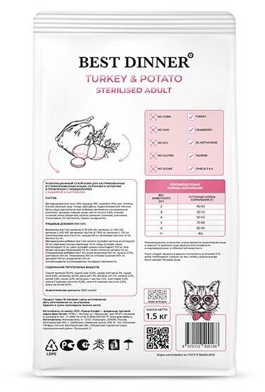 Сухой корм для кошек Best Dinner Adult Sterilised Turkey & Potato гипоаллергенный для кастрированных и стерилизованных с Индейкой и картофелем 0,4 кг - фотография № 11