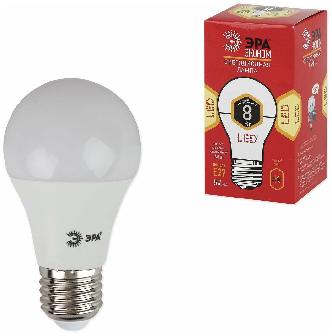 Лампа светодиодная ЭРА 8 (60) Вт цоколь E27 грушевидная теплый белый свет 25000 ч LED smdA55\60-8w-827-E27ECO A60-8w-827-E27