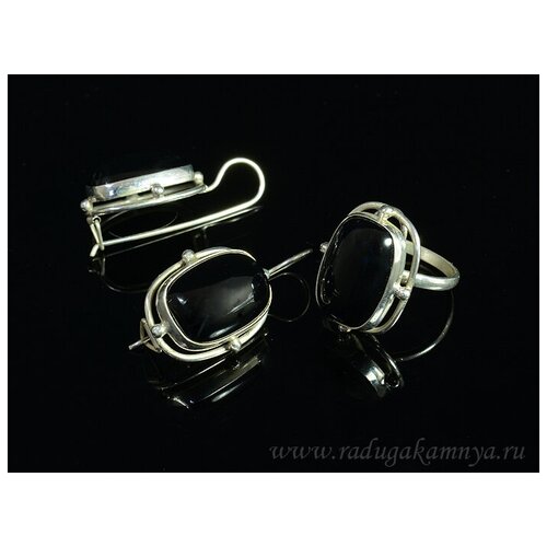 Комплект бижутерии: серьги, кольцо, агат, размер кольца 17, черный