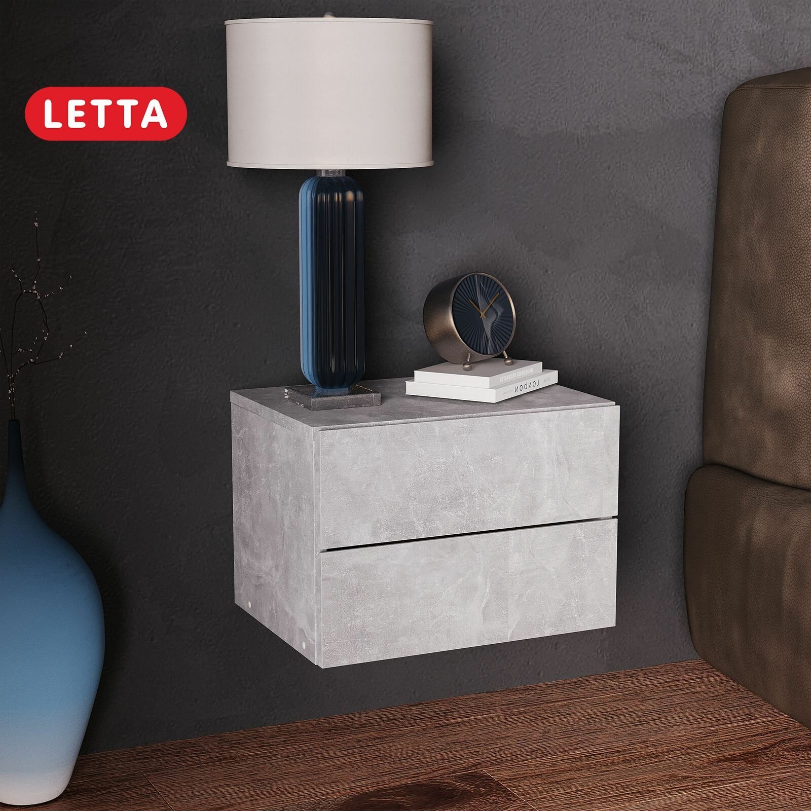 Тумба прикроватная Letta "Бетон Оливия", ЛДСП, подвесная, с ящиками, 42х30х28 см