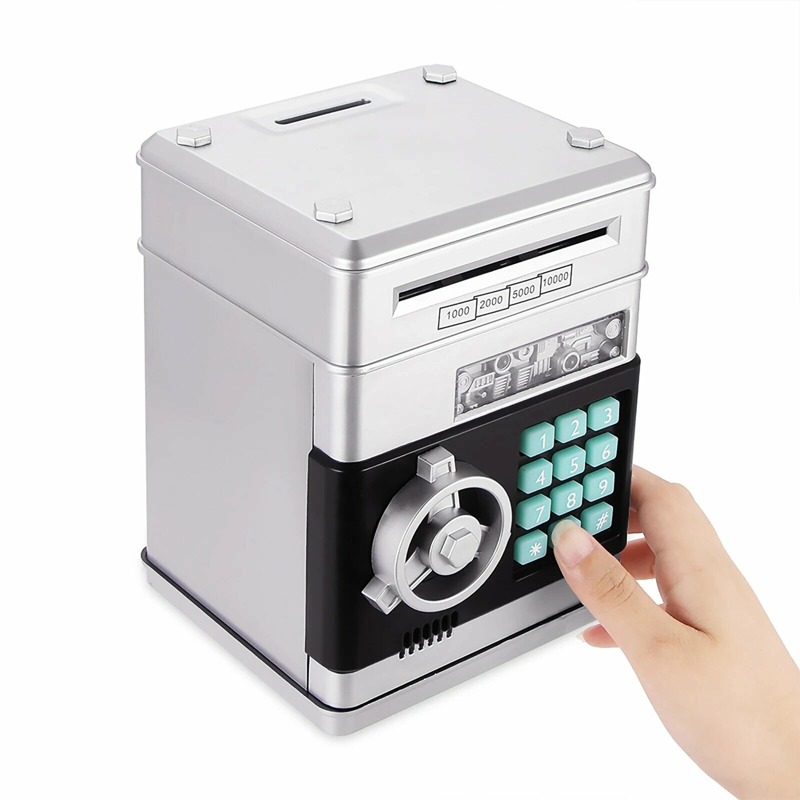 Сейф-копилка серебристая, интерактивная, для детей, пластиковая, 13.5х14х19.5см