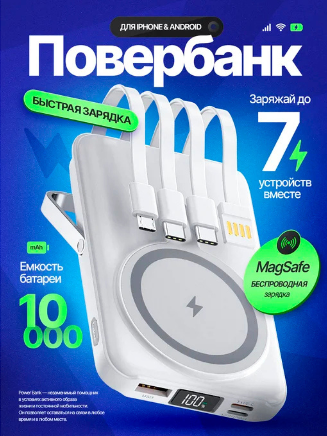 Power Bank 10000 mAh , 22.5W, Премиум сегмент 6 портов Быстрая зарядка Внешний аккумулятор