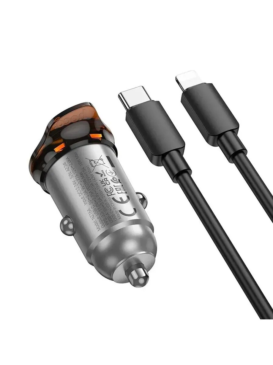 Автомобильное зарядное Hoco NZ16A, с кабелем Type C to Lighting, для авто — фото 1