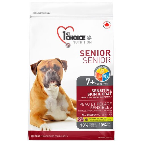 Корм 1st Choice Senior 7+ Sensitive Skin  & Coat для собак старше 7 лет, для кожи и шерсти, с ягнёнком, рыбой и рисом, 12 кг