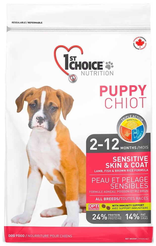 Корм 1st Choice PUPPY Sensitive Skin & Coat для щенков с чувствительной кожей и шерстью, с ягненком и рыбой, 2.72 кг