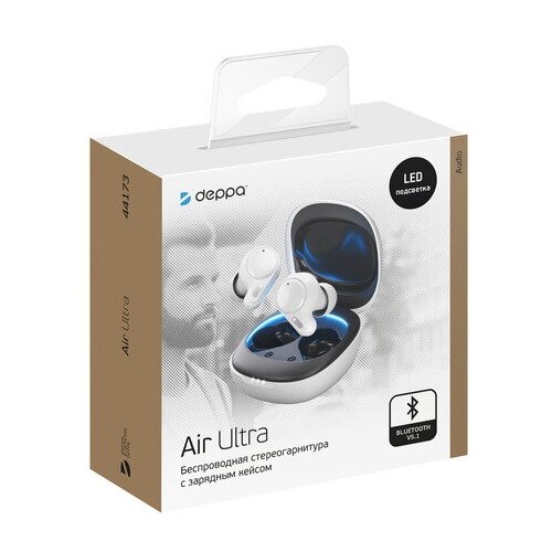 Беспроводные наушники с микрофоном Air Ultra TWS BT 51 зарядный футляр 500 мАч белые 220500₽