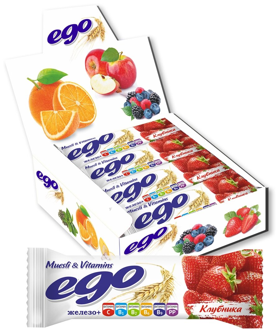 Батончик мюсли БАД Ego "Клубника с железом и витаминами в йогуртовой глазури" 25 г., 30 шт.
