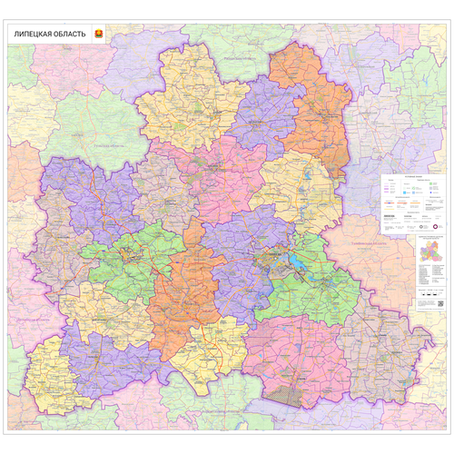 настенная карта пензенской области 150 х 220 см на самоклеющейся плёнке Настенная карта Липецкой области 139 х 150 см (на самоклеющейся плёнке)