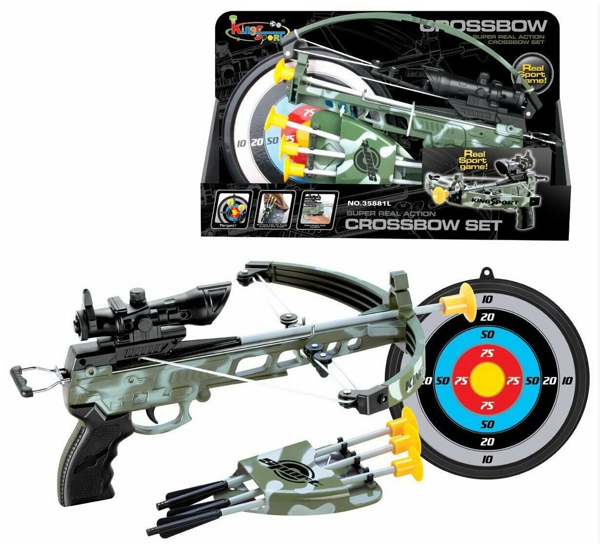 Детский арбалет с лазерным прицелом и мишенью CROSSBOW SET/ Арбалет детский "Камуфляж" , для детей, с мишенью, 4 стрелы, световые эффекты