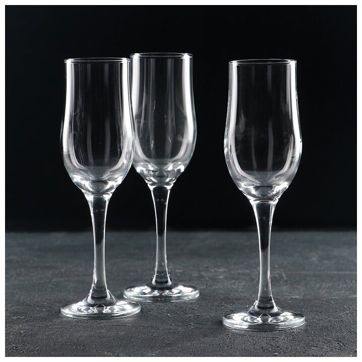 Набор бокалов для шампанского Tulipe, 200 мл, 3 шт, фужеры для вина стеклянные