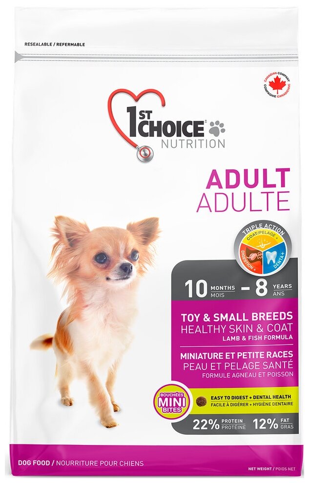 Корм 1st Choice Toy & Small Breeds, Healthy Skin & Coat для собак декоративных и малых пород, для кожи и шести, с ягненком и рыбой, 350 г