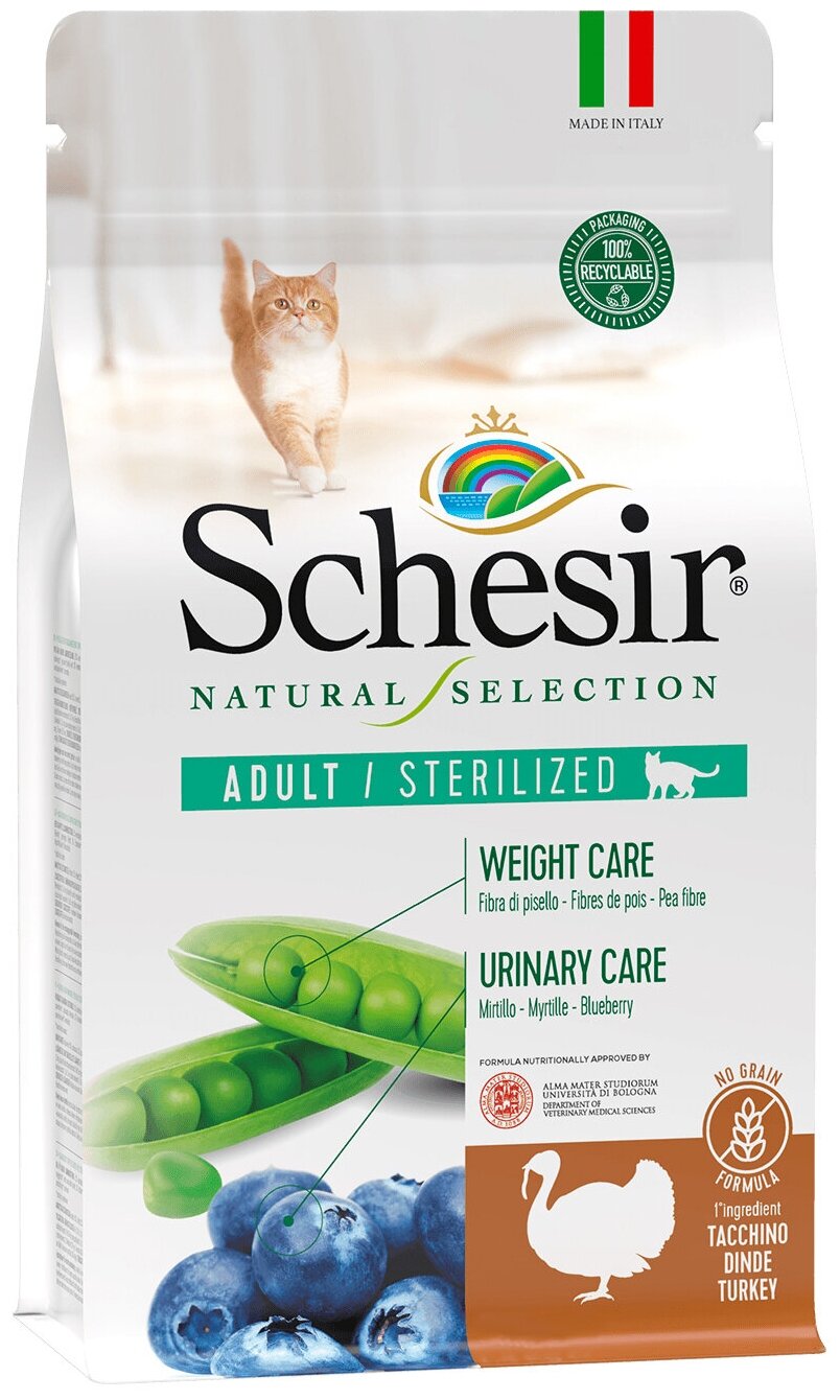 Корм Schesir Natural Selection Adult Sterilized Grain Free Turkey (беззерновой) для стерилизованных кошек, с индейкой, 350 г