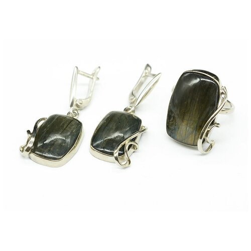 Комплект бижутерии Радуга Камня: кольцо, серьги, лабрадорит, размер кольца 18, мультиколор