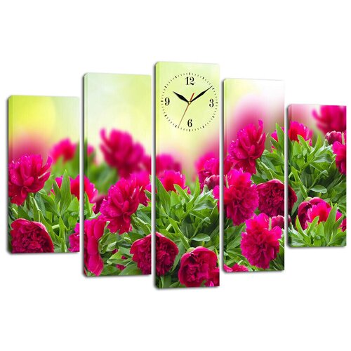 Модульная картина с часами / Часы на холсте Пионы 80х140 см.