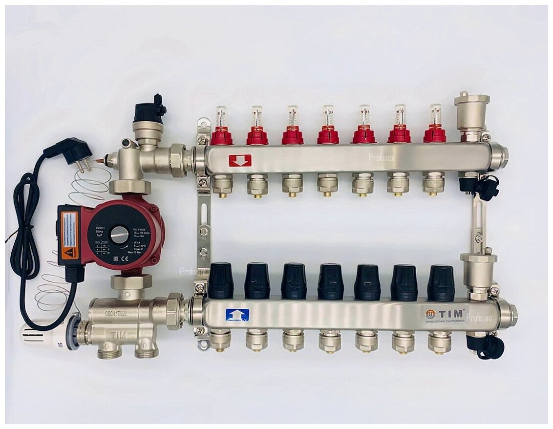 Комплект для водяного теплого пола с насосом до 110 кв/м: Коллектор на 7 контуров