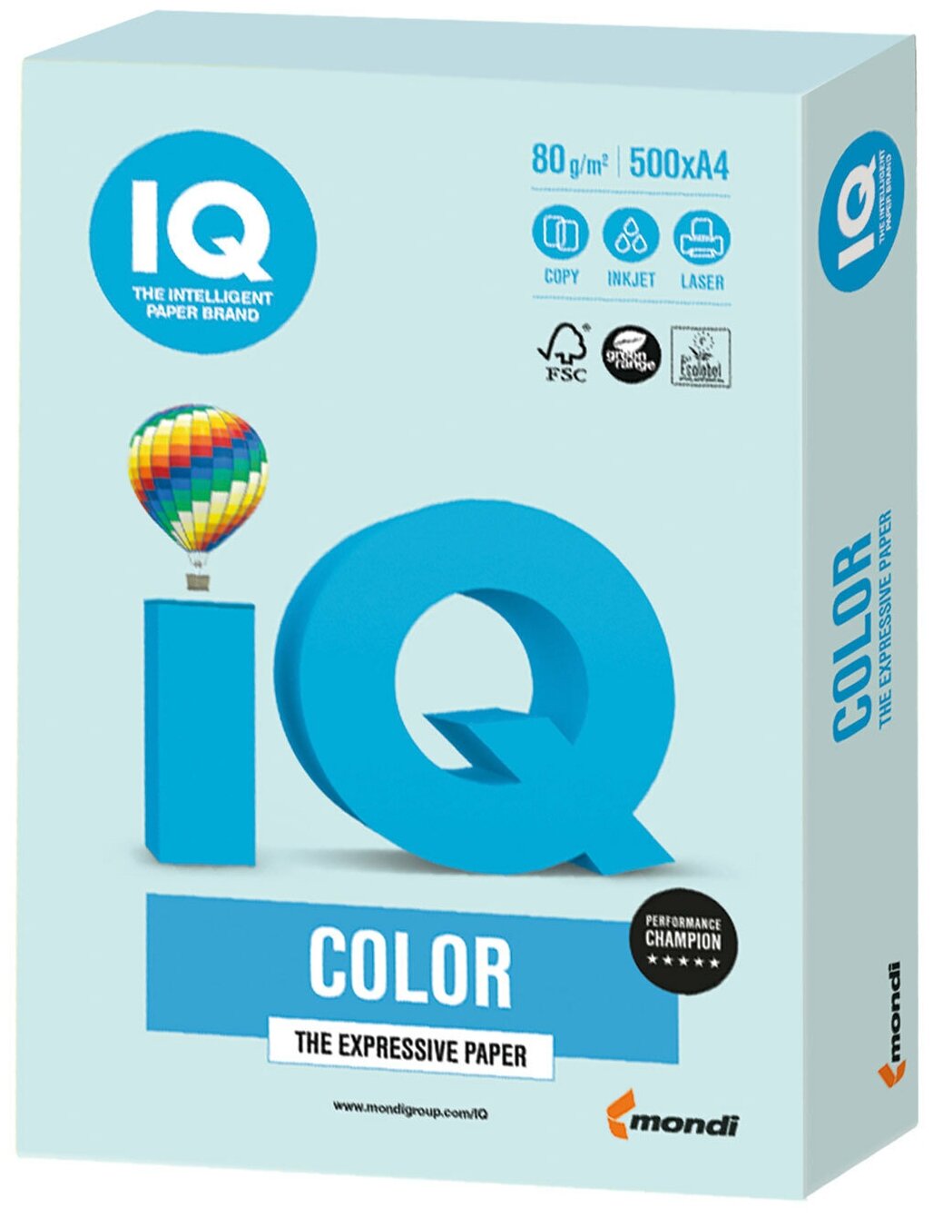 Бумага цветная IQ color, А4, 80 г/м2, 500 л., пастель, светло-голубая, BL29