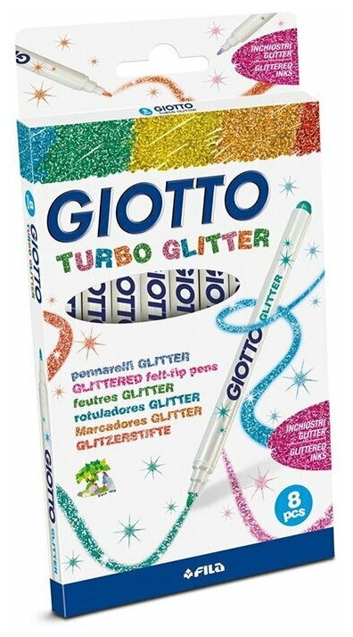 Набор фломастеров цветных Giotto Turbo Glitter, с блестящими чернилами, картонная коробка 8 цветов
