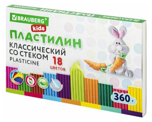 Пластилин классический BRAUBERG KIDS, 18 цветов, 360 г, со стеком