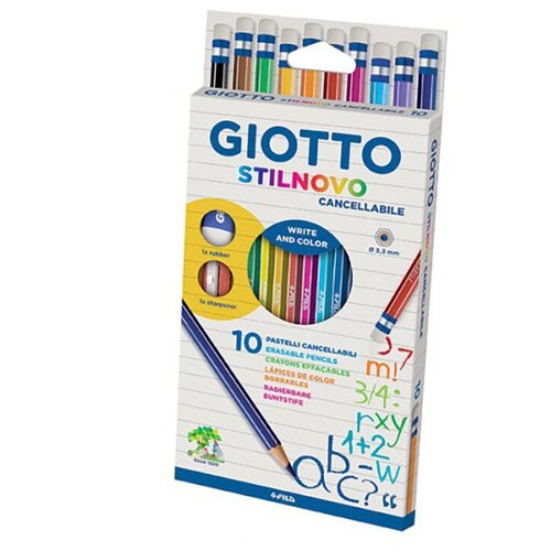 точилка 1 отверстие giotto stilnovo sharpener в банке микс Набор карандашей цветных Giotto Stilnovo Erasable, ластик, точилка, 10 цветов, картонная коробка Набор