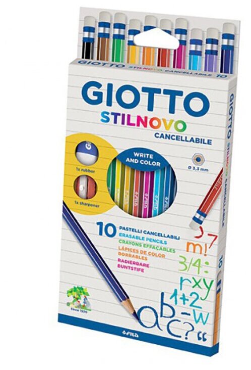 Набор карандашей цветных Giotto Stilnovo Erasable, ластик, точилка, 10 цветов, картонная коробка Набор