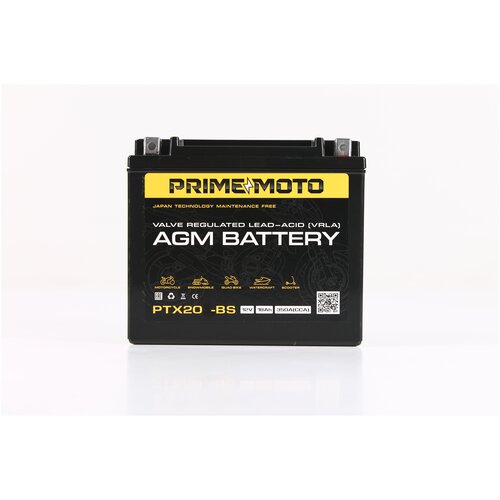 Prime Moto PR1218 Мото аккумулятор стартерный для мотоцикла, квадроцикла, скутера AGM 12V 18 а/ч (YTX20-BS)
