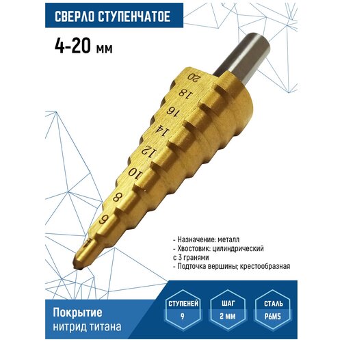 Сверло ступенчатое 4-20 мм; шаг 2 мм Vertextools из стали Р6М5