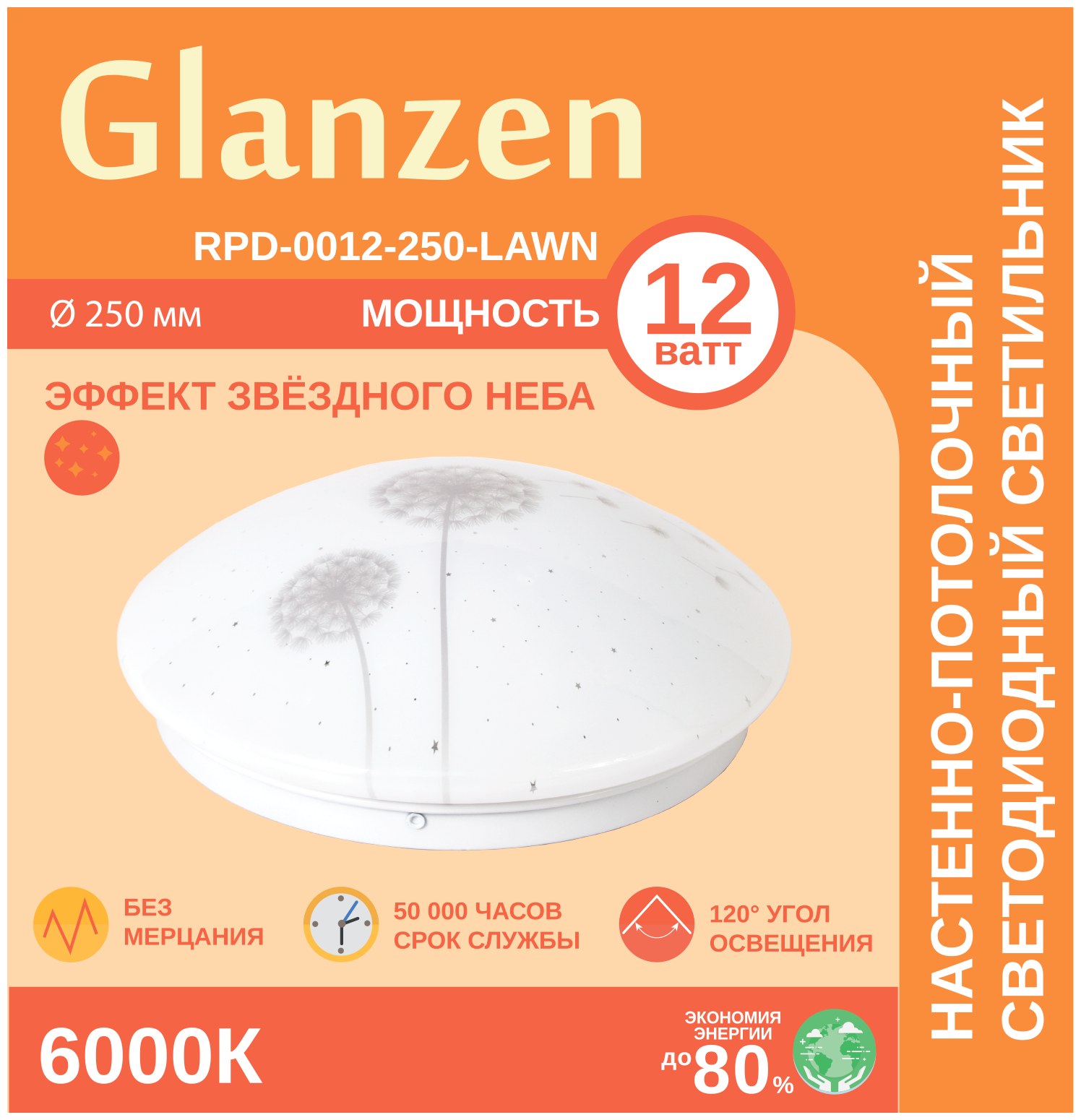 Светодиодный настенно-потолочный светильник GLANZEN 12Вт RPD-0012-250-LAWN IP20 6000К - фотография № 2