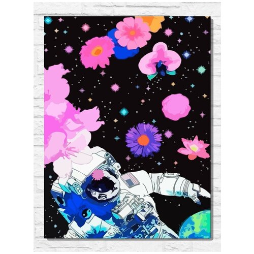 Картина по номерам на холсте радужный космос (космонавт, цветы) - 9035 В 30x40
