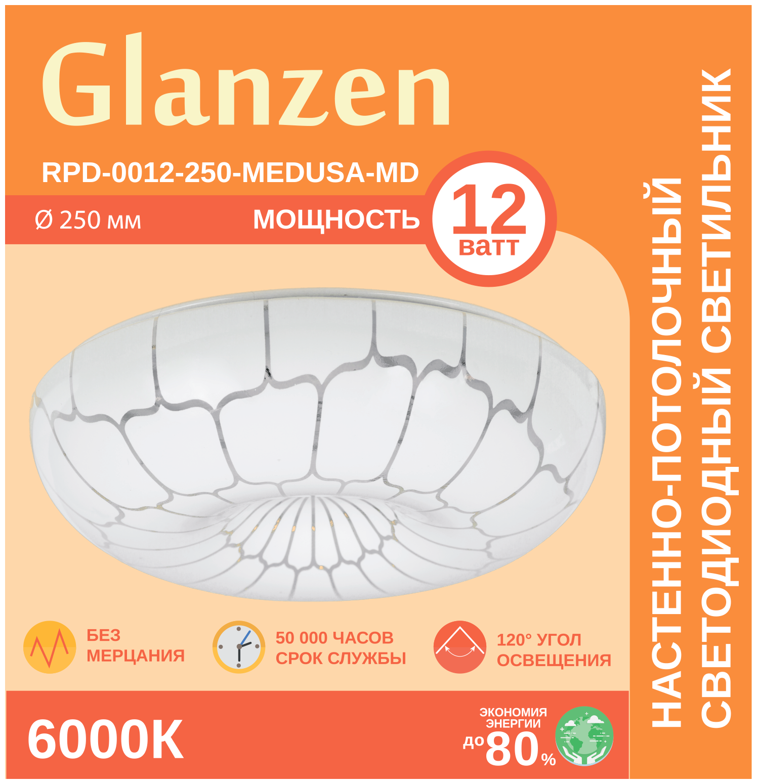 Светодиодный настенно-потолочный светильник GLANZEN 12Вт RPD-0012-250-MEDUSA-MD IP20 6000К - фотография № 2