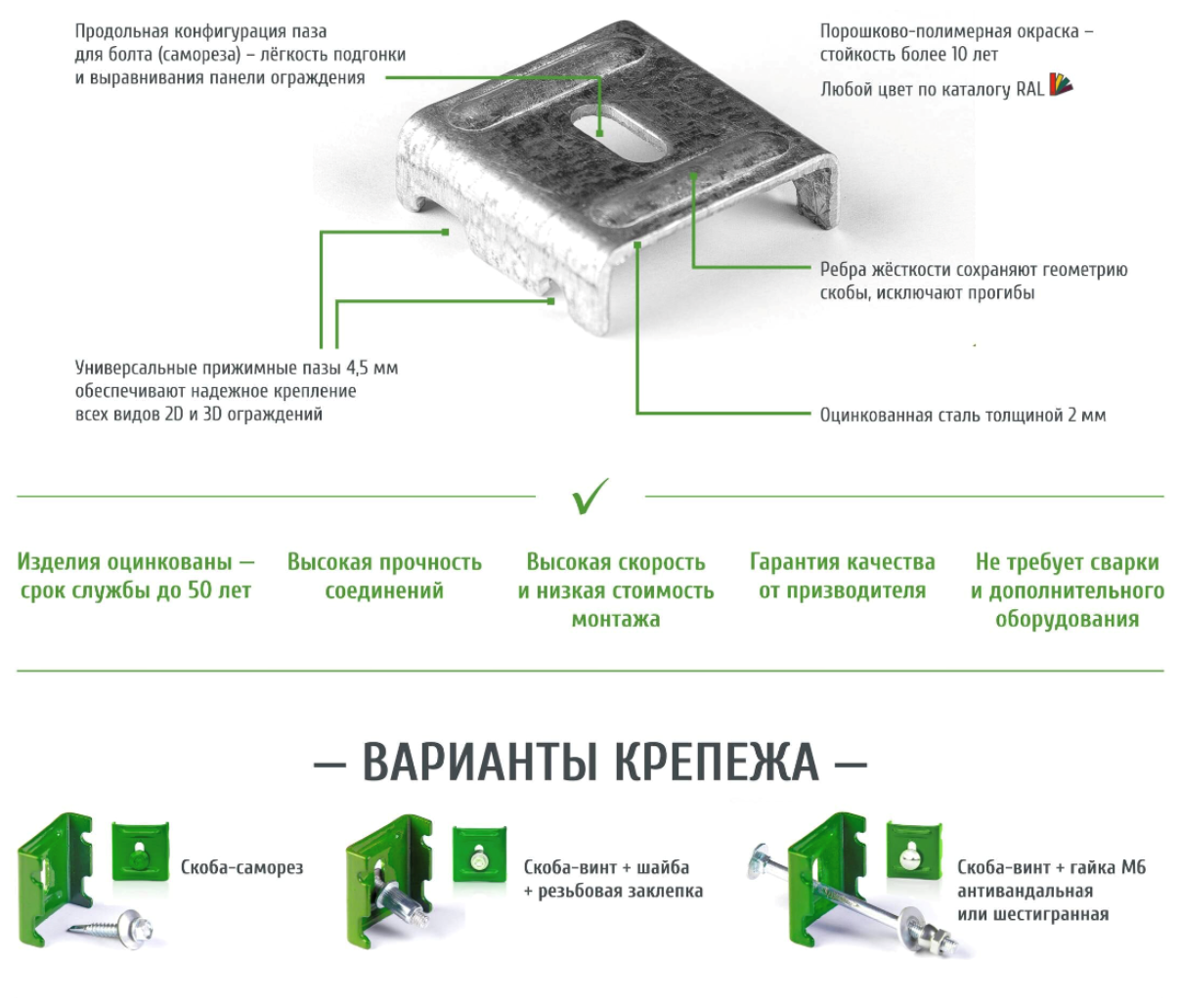 Скоба крепления 3д и 2д ограждений для сварной сетки забора 3d и 2d (цвет цинк, 20 шт + саморез 20 шт) - фотография № 2