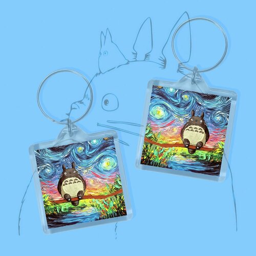 Брелок тоторо в стиле ван гог, глянцевая фактура, голубой, мультиколор