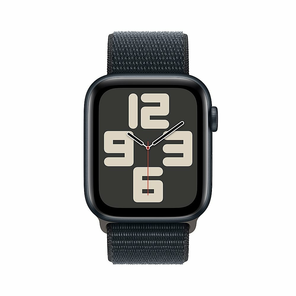 Умные часы Apple Watch Series SE 2023 44 мм из алюминия цвета «тёмная ночь», нейлоновый браслет цвета «тёмная ночь» — фото 1