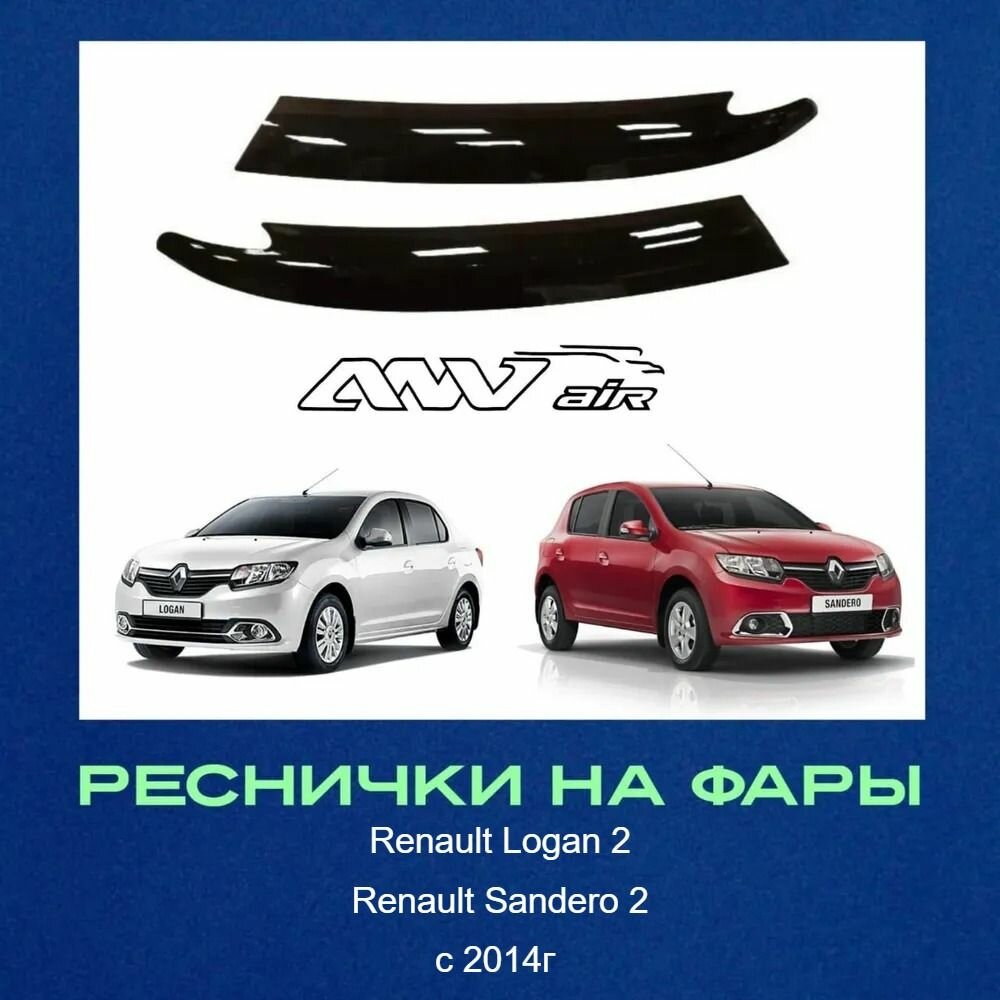 Реснички на фары Renault Logan с 2014г , Sandero II Накладки на фары Рено Логан 2, Сандеро с 2014г.