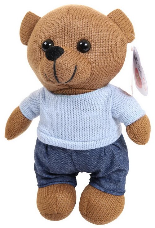 Мягкая игрушка ABtoys Knitted. Мишка мальчик вязаный в джинсах и свитере, 22 см, бежевый