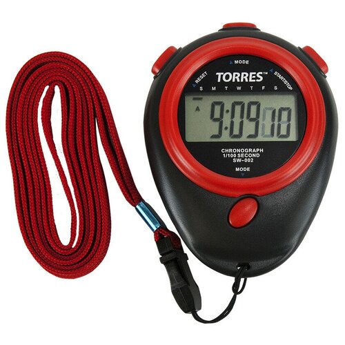  Секундомер TORRES Stopwatch, арт. SW-002, часы, будильник, дата, шнур с карабином, черный-красный