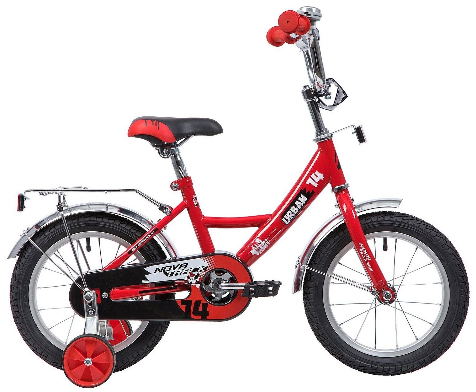 Велосипед NOVATRACK URBAN 14" (2019) (Велосипед NOVATRACK 14", URBAN, красный, полная защита цепи, тормоз нож, крылья и багажник хром)