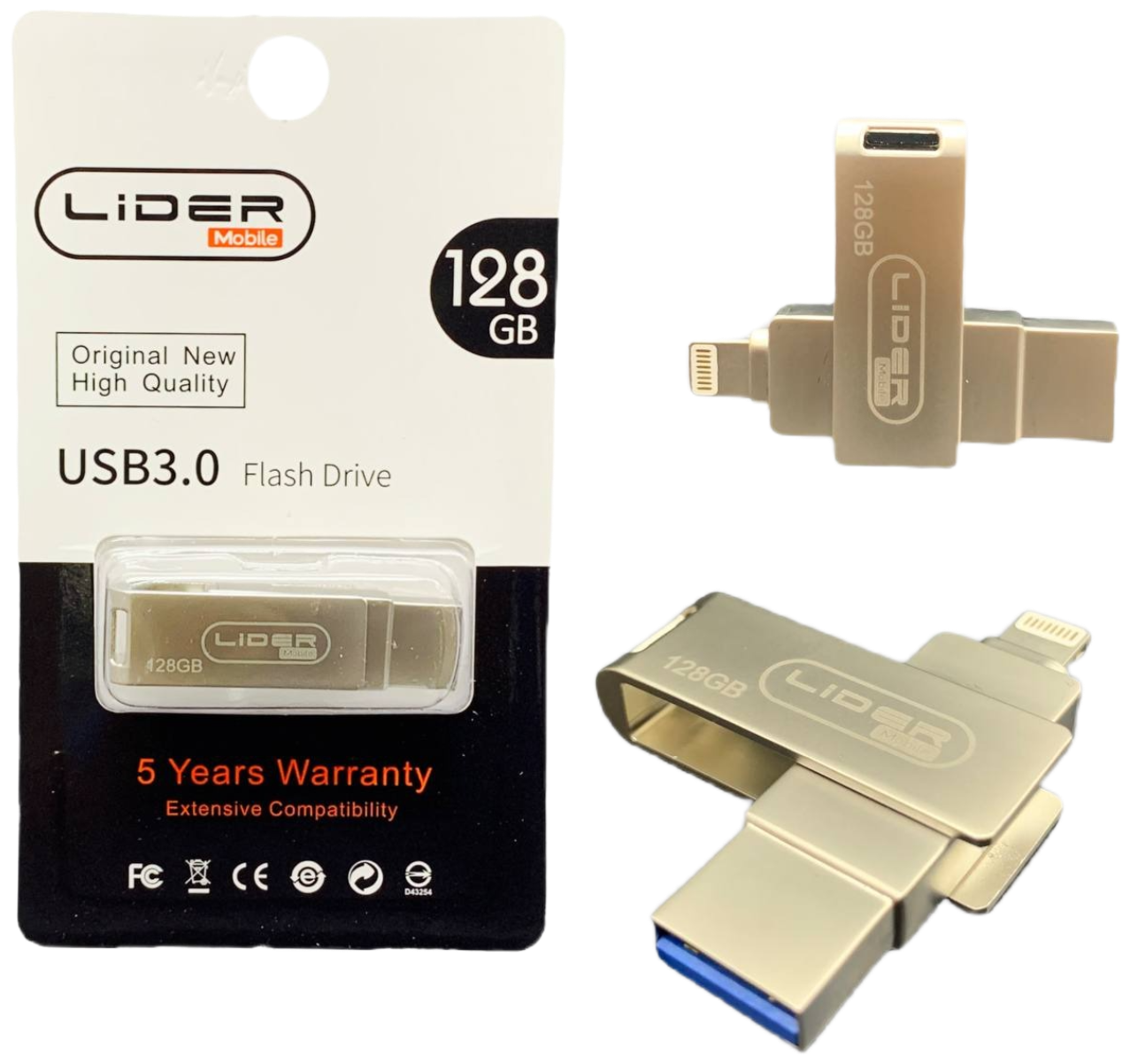 Флеш-накопитель CD card Брелок/ USB 3.0 Flash Drive /128 ГБ/ 3-в-1 / Водонепроницаемый чип / Золотистый