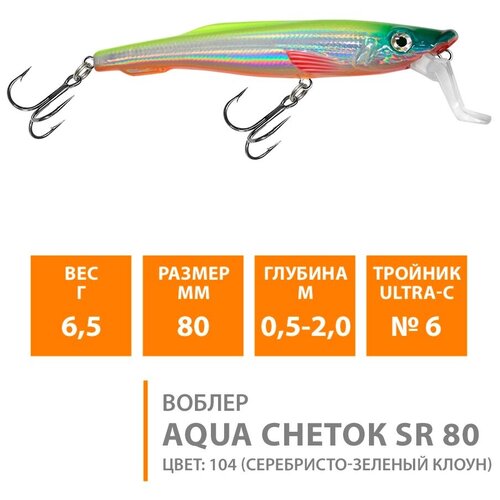 фото Воблер для рыбалки aqua снеток sr 80mm, вес - 6,5g, цвет 104 (серебристо-зеленый клоун)