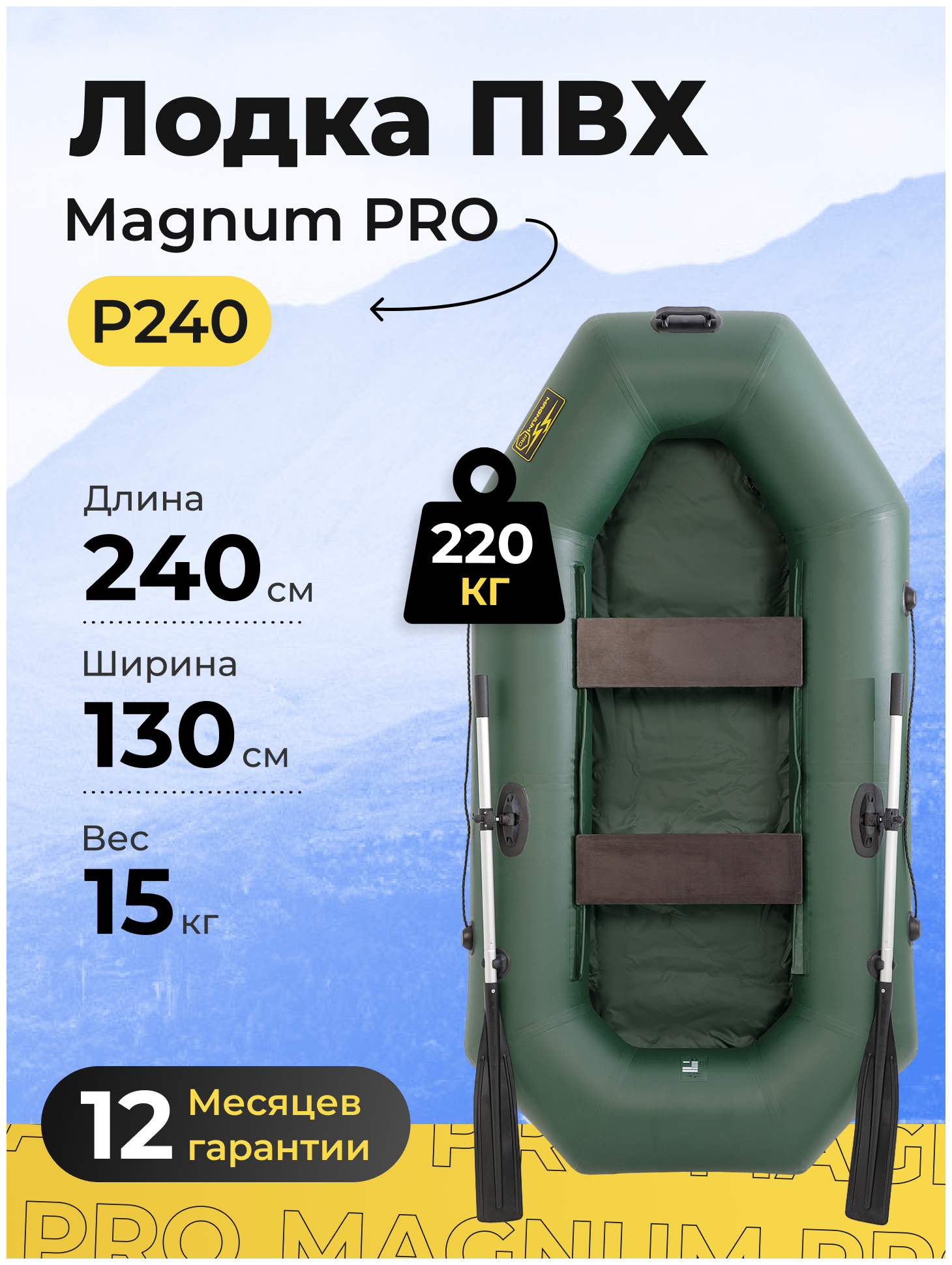 Лодка ПВХ под мотор надувная двухместная гребная для рыбалки Magnum PRO 240 зеленая грузоподьемностью 220 кг.