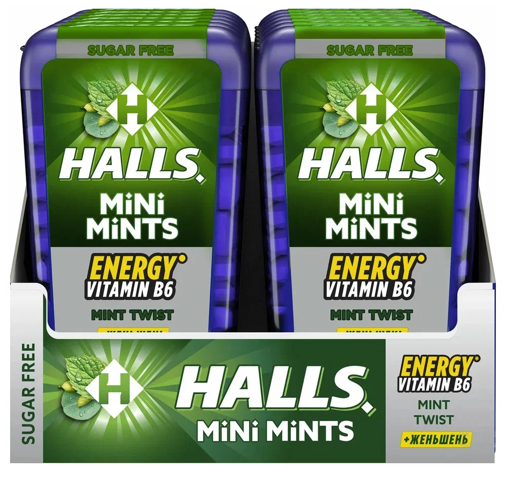 HALLS Mini Mints TWIST витамин B6 женьшень мята ментол 12.5г Набор 12шт - фотография № 3