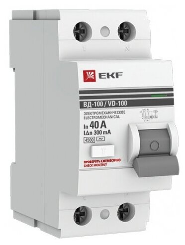 Выключатель дифференциального тока (УЗО) Ekf 2п 40А 300мА тип AC ВД-100 (электромех.) PROxima, elcb-2-40-300-em-pro