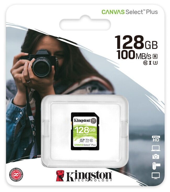 Карта памяти 128Gb Kingston Canvas Select Plus SDXC UHS-I U3 V30 (100/85 Mb/s)