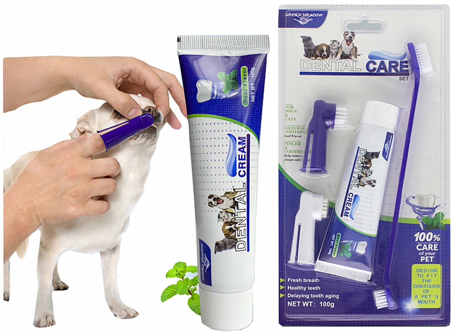 Набор для чистки, зубная паста щетка для собак, вкус говядина (100 мл.) + щетки - фотография № 6