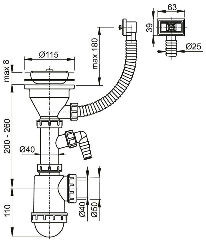 Сифон для мойки Alcadrain A447P-DN50/40 с нержавеющей решеткой DN115, гофропереливом и штуцером - фотография № 2