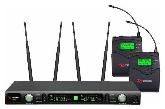 VOLTA US-102H (600-636MHZ) Микрофонная 100-канальная радиосистема с 2 головными конденсаторным микрофоном UHF диапазона (600-636 мГц) . PLL-synthes, L