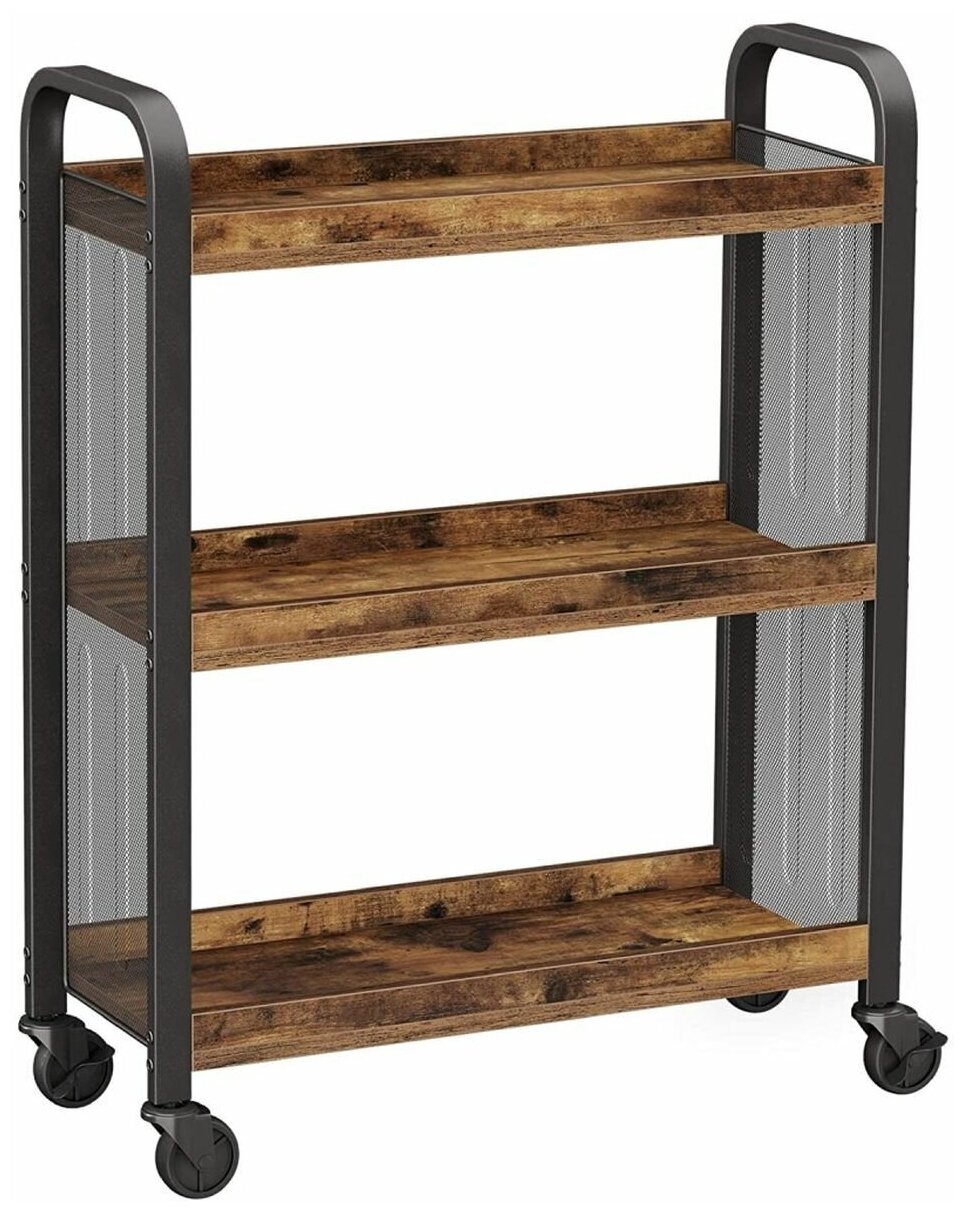 фото Полка универсальная, ДСП+сталь, 3 секции, 66х26х85 см, на колесах, коричневый, черная, Vasagle, Лофт, LRC66BX