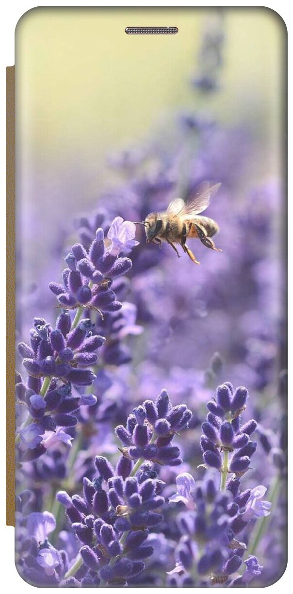 Чехол-книжка на Apple iPhone SE / 5s / 5 / Эпл Айфон 5 / 5с / СЕ с рисунком "Пчела и цветок" золотой