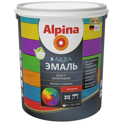 Эмаль Alpina Аква Эмаль глянцевая База 1, База 1, глянцевая, белый, 3.36 кг, 2.5 л
